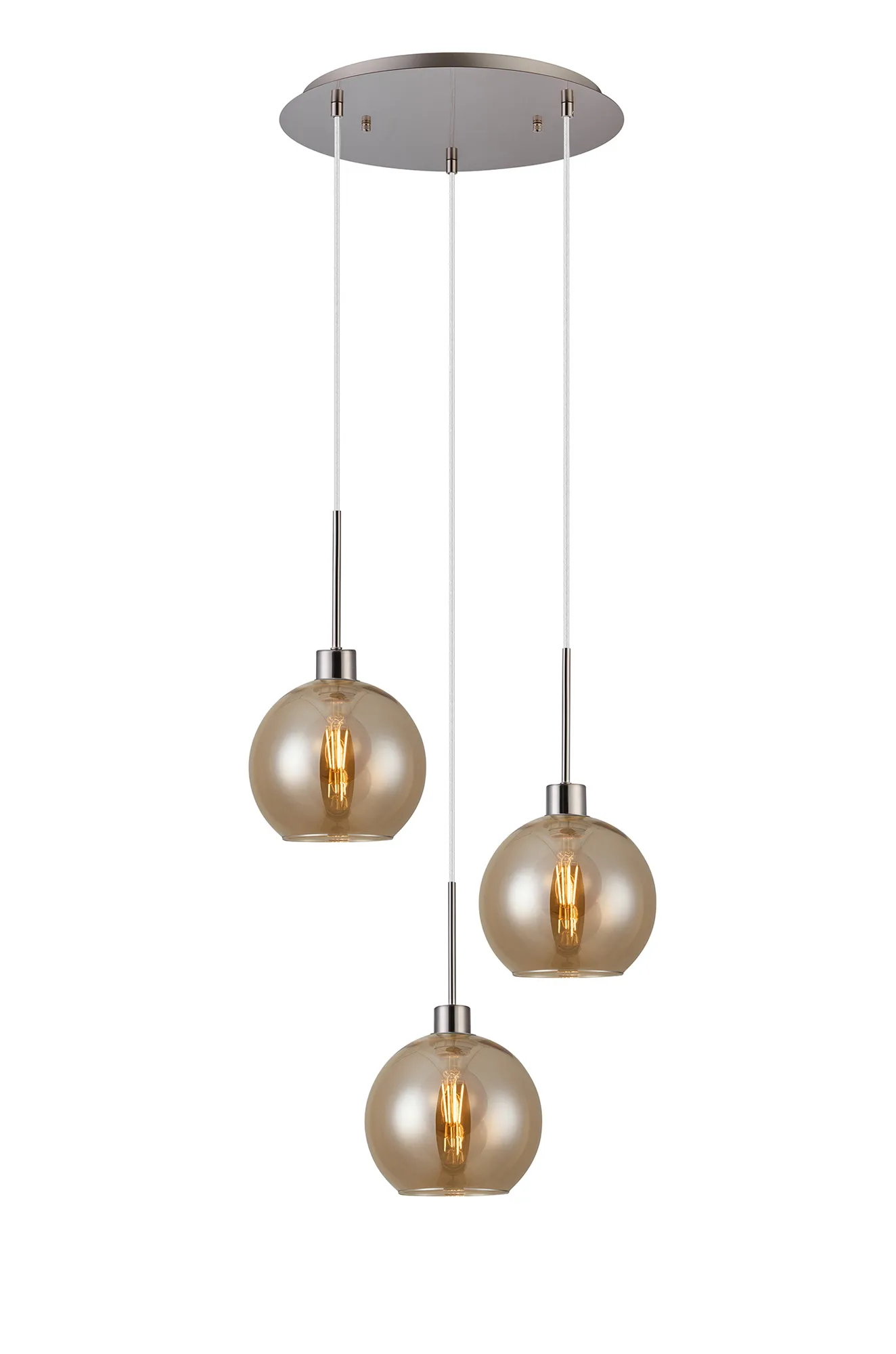 DK1365  Lori cm Round Pendant, 3 Light Adjustable E27, Satin Nickel/Amber Open Mouth Round Globe Shades